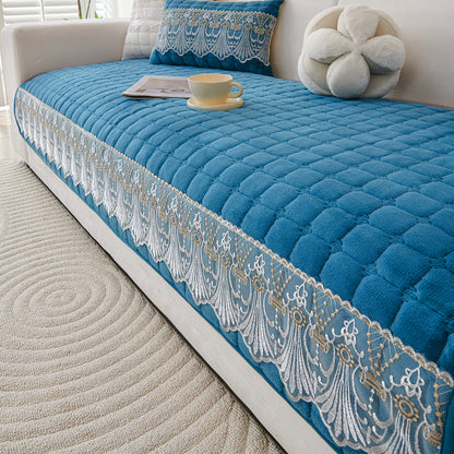 BelleLace Series Imperial Milk Velvet Sofa Cover Mat with Lace Design - Celdaon Blue