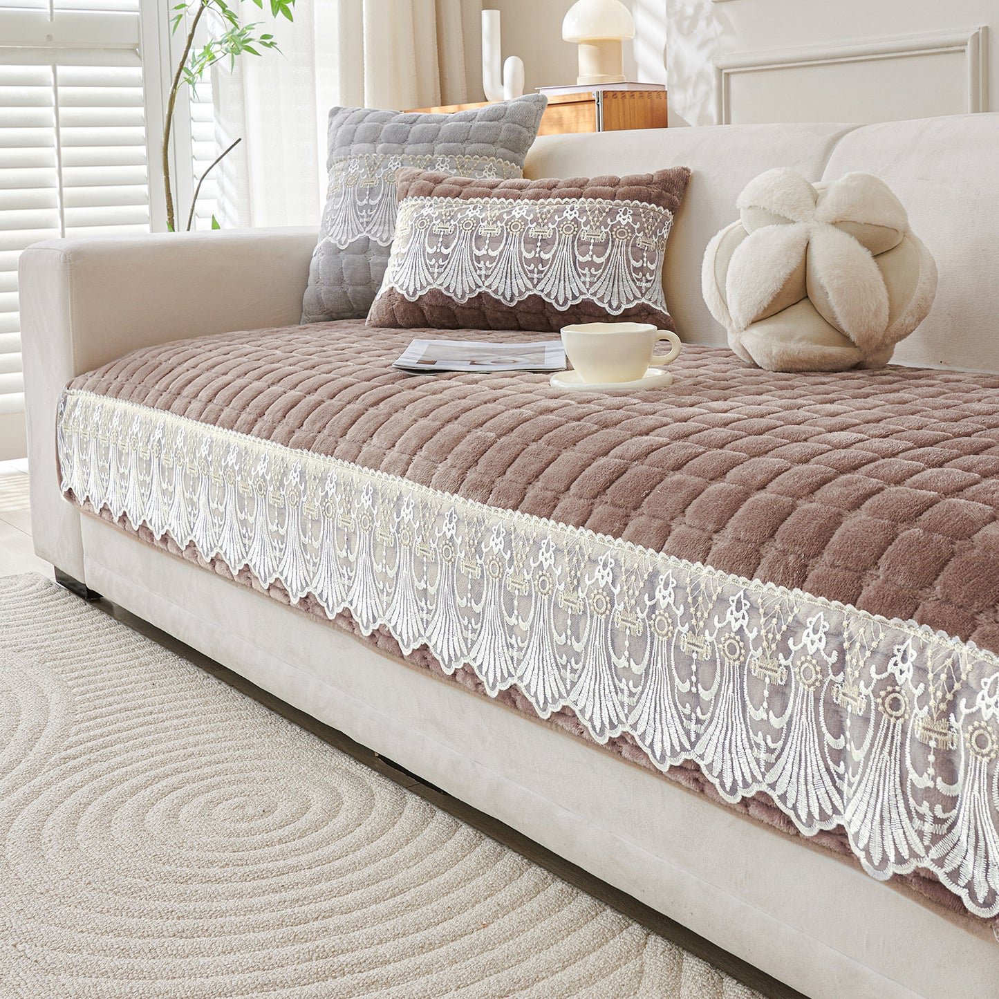 BelleLace Series Imperial Milk Velvet Sofa Cover Mat with Lace Design - Mocha Brown