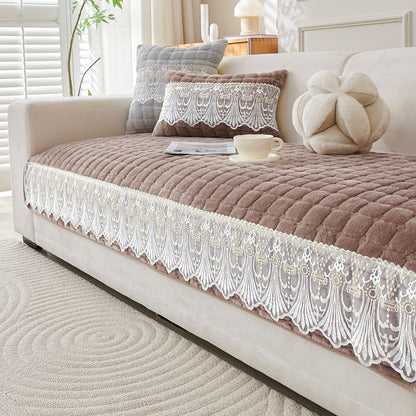 BelleLace Series Premium Imperial Milk Velvet Sofa Cover Mat with Lace Design -  Mocha Brown
