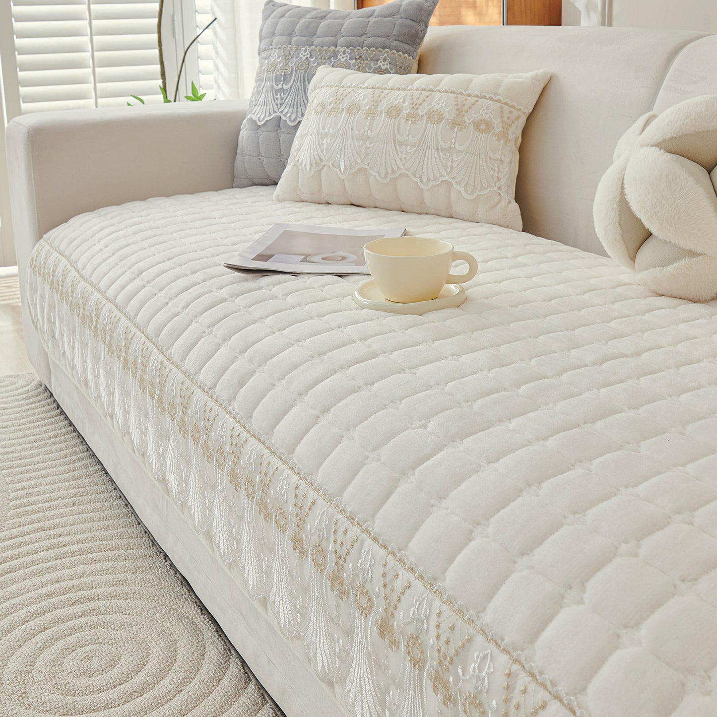 BelleLace Series Premium Imperial Milk Velvet Sofa Cover Mat with Lace Design -  Pearl White