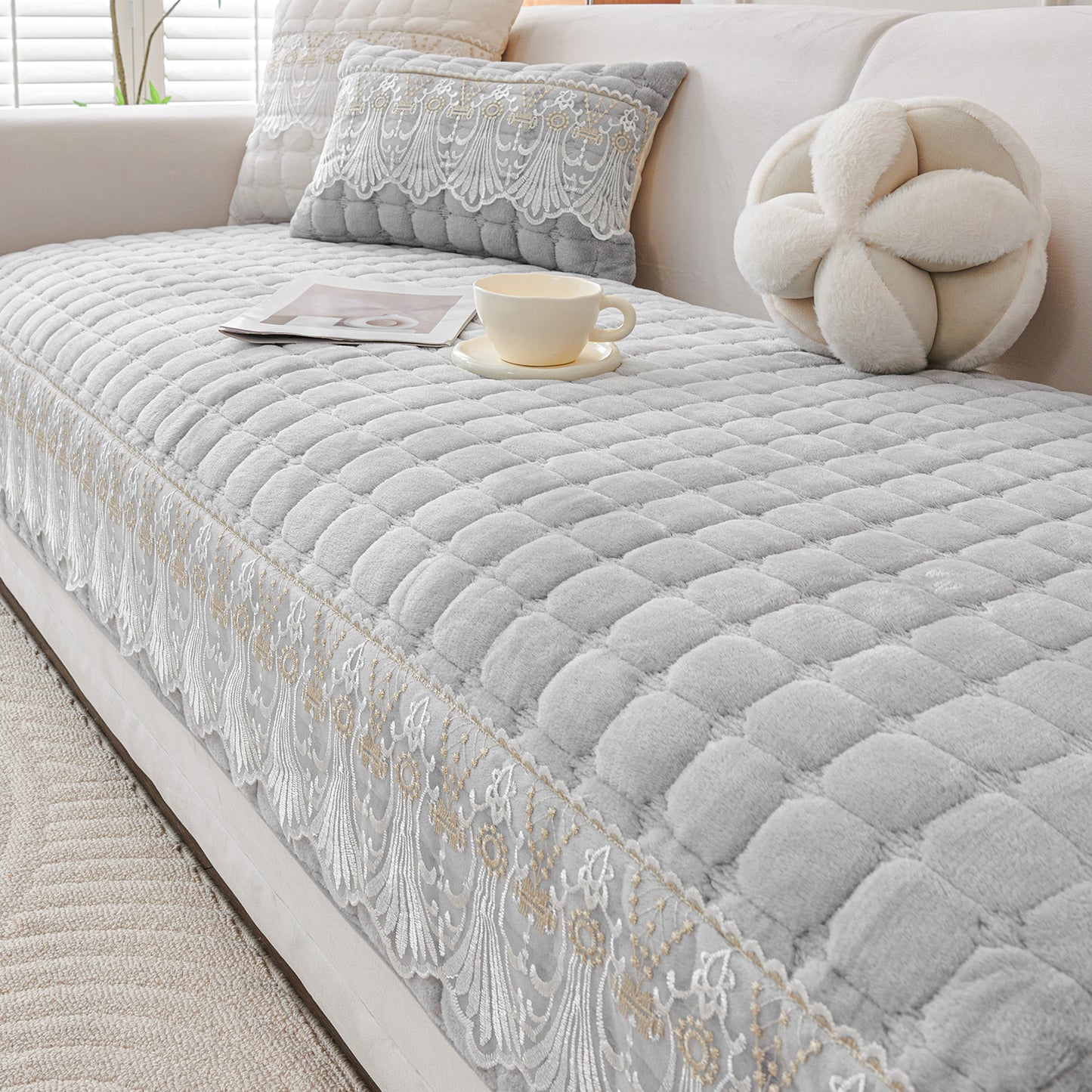 BelleLace Series Imperial Milk Velvet Sofa Cover Mat with Lace Design - Cloud Grey