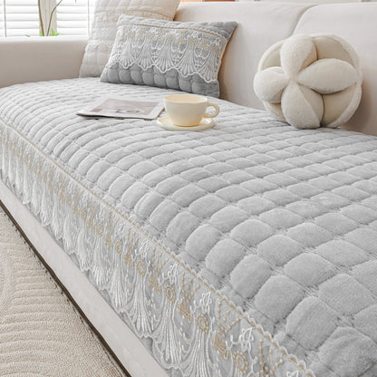 BelleLace Series Imperial Milk Velvet Sofa Cover Mat with Lace Design - Cloud Grey