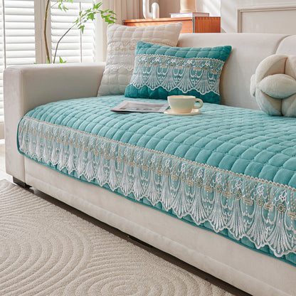 BelleLace Series Imperial Milk Velvet Sofa Cover Mat with Lace Design - Teal