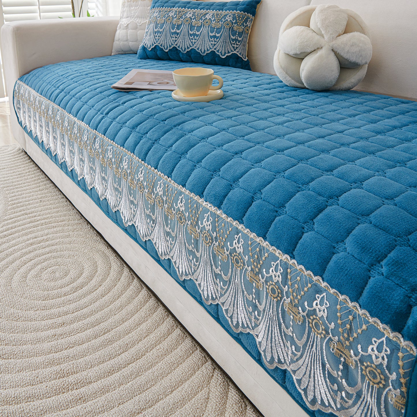 BelleLace Series Imperial Milk Velvet Sofa Cover Mat with Lace Design - Celdaon Blue