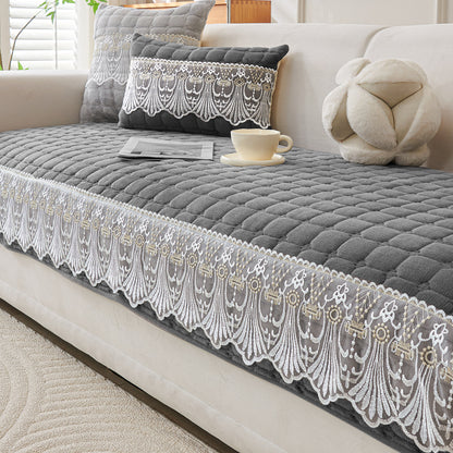 BelleLace Series Imperial Milk Velvet Sofa Cover Mat with Lace Design - Porpoise Grey