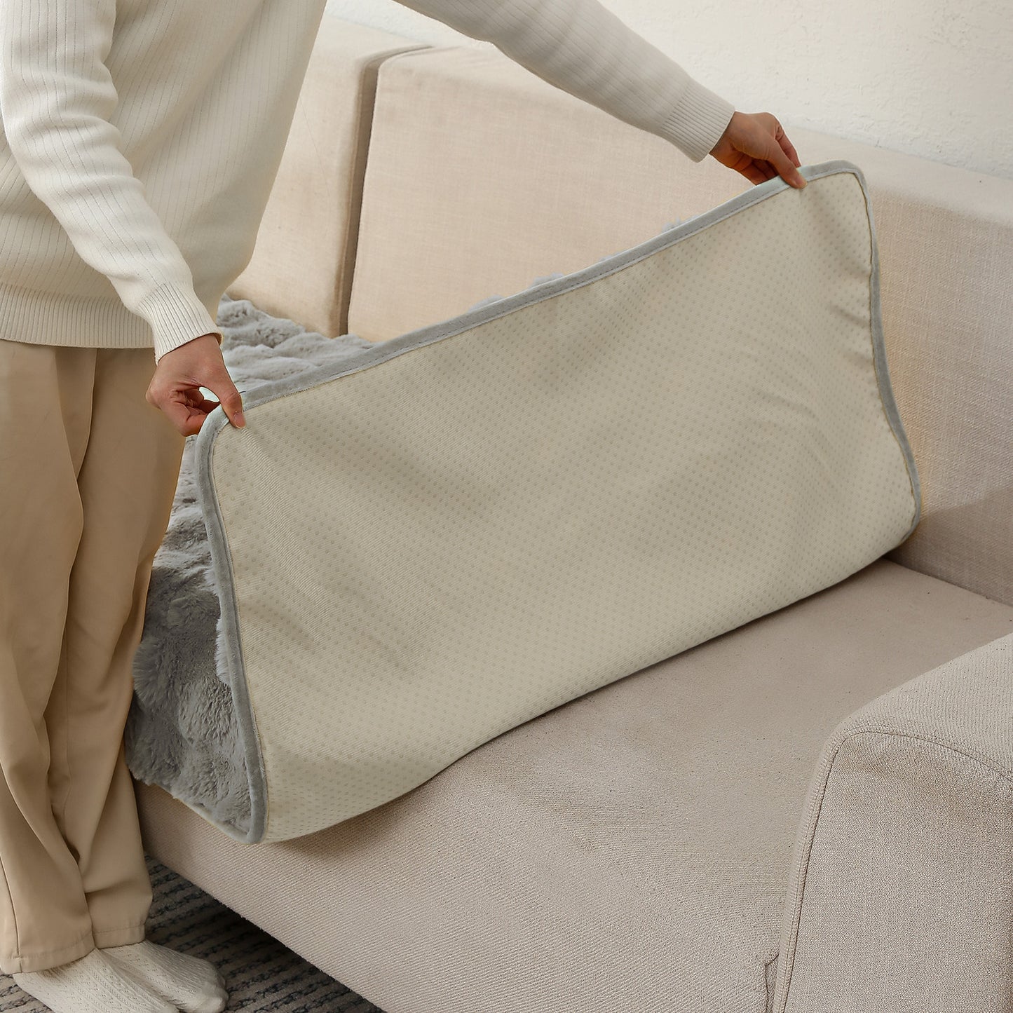 Premium Faux Rabbit Fur Anti Slip Sofa Cover Mat with 2 Armrest Cover, Cool Grey