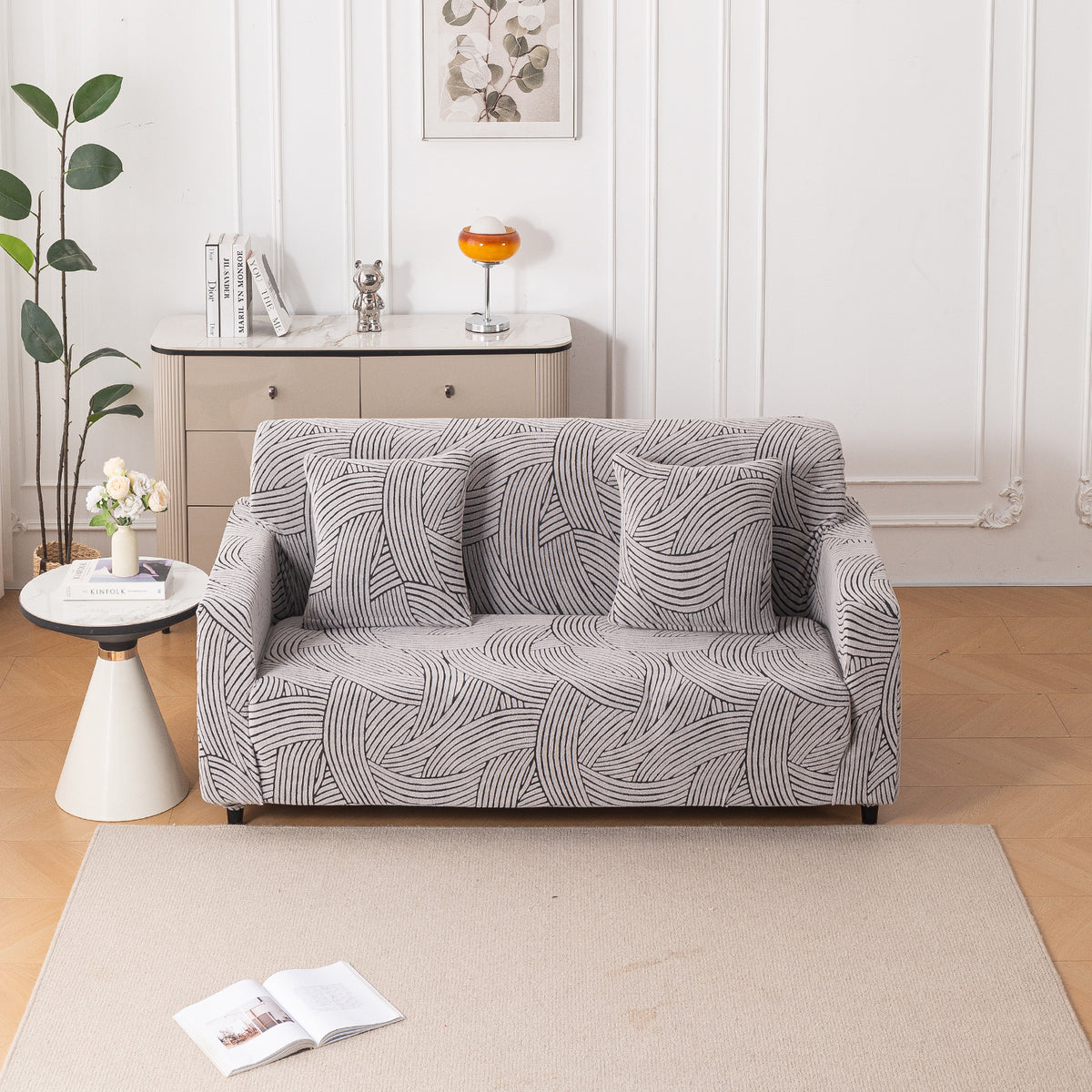 Buy ash grey colour waveline series jacquard two seater sofa cover​ and cushion cover 
 HOKIPO