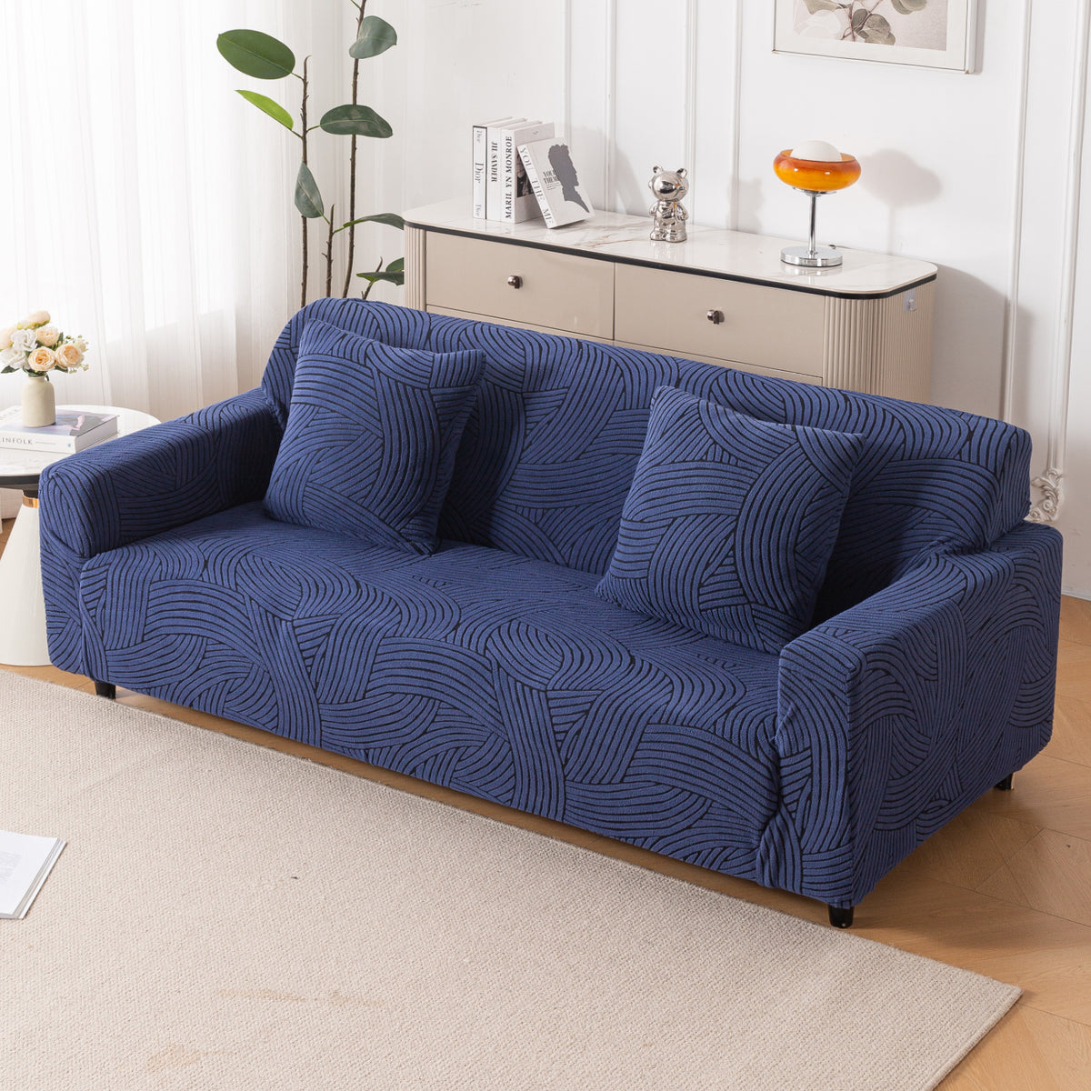 Buy royal blue colour waveline series jacquard 4 seater sofa cover​
