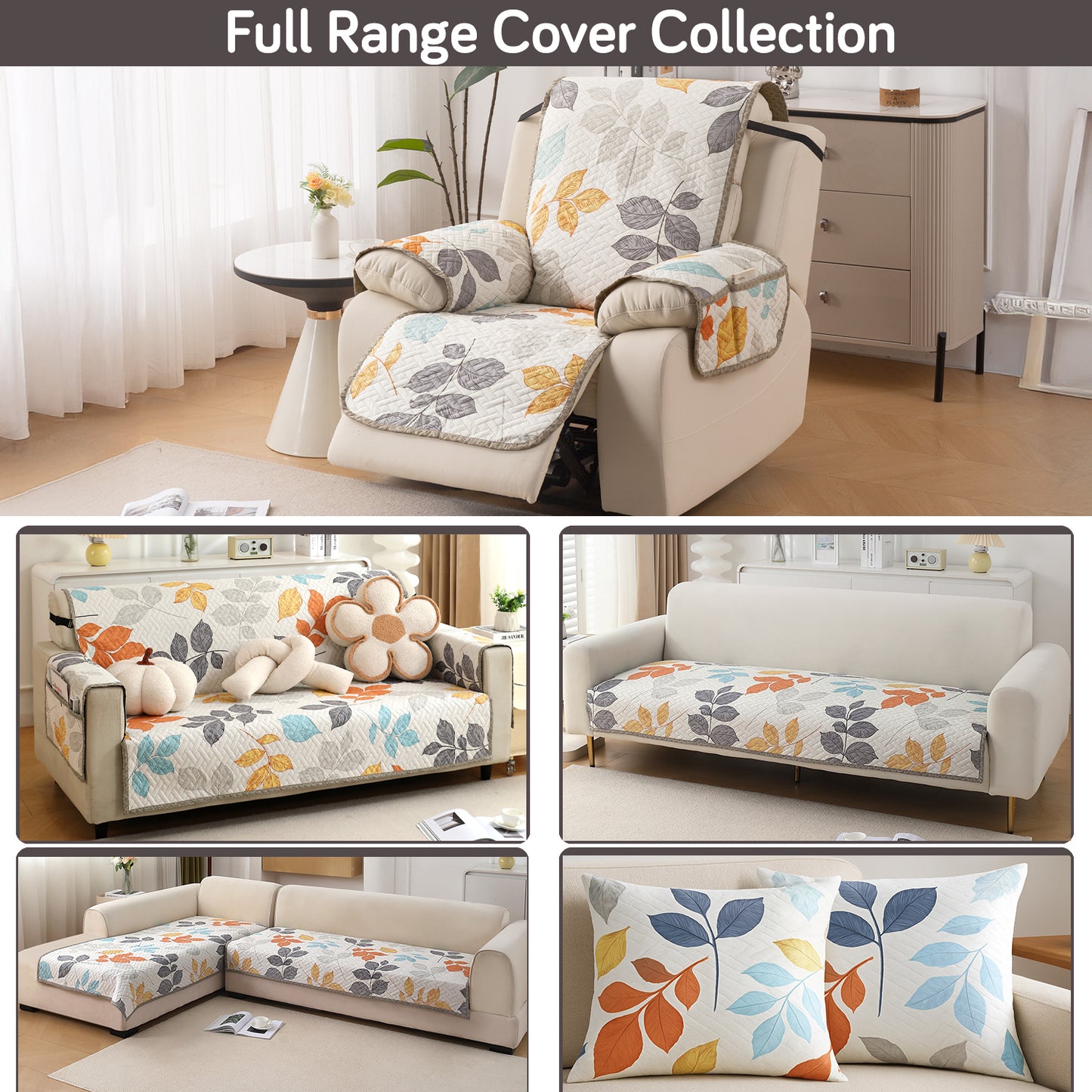 Quilted Cover for Recliner Sofa with SecureFit Belt & Side Pocket, Multicolor Leaves