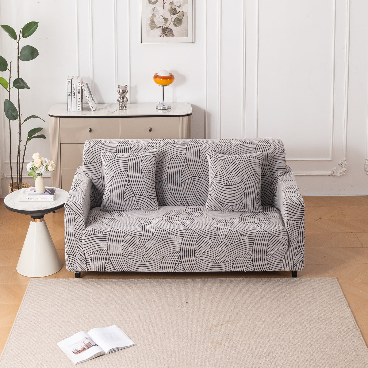 Buy classic white colour waveline series jacquard two seater sofa cover​