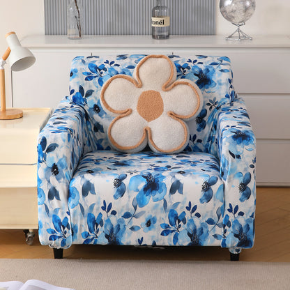Premium Printed Velvet Sofa Cover 1/2/3 Seaters Fully Covered, Blue Azure Botanical