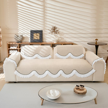 French Classic Frill Wavy Sofa Cover Mat with Curve & Lace - Champagne Beige