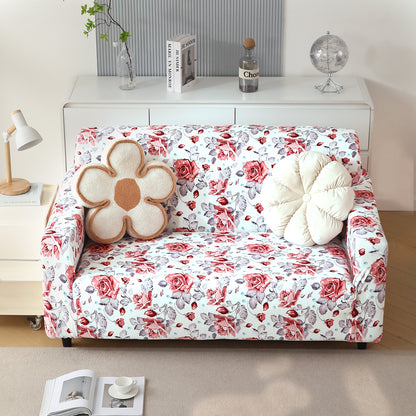 Premium Printed Velvet Sofa Cover 1/2/3 Seaters Fully Covered, Red Cottage Rose