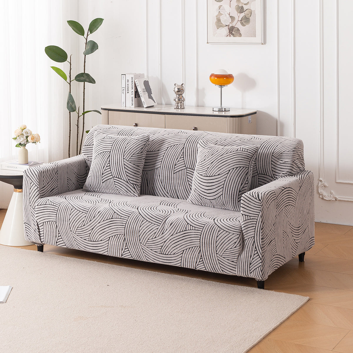 Buy ash grey colour waveline series jacquard 3 seater sofa covers & pillow cover​