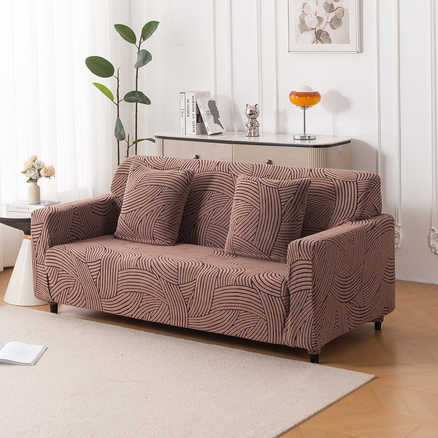 'WaveLine Series' Jacquard Cushion Cover Set of 2, Rust Brown