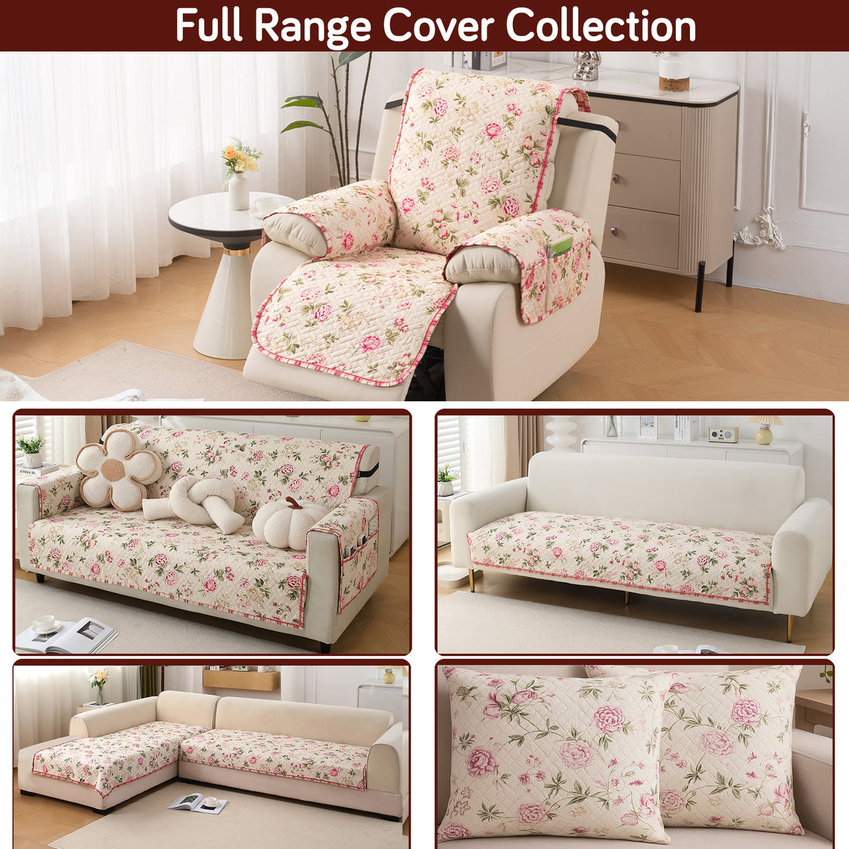 Quilted Cover for Recliner Sofa with SecureFit Belt & Side Pocket, Beige Peonies