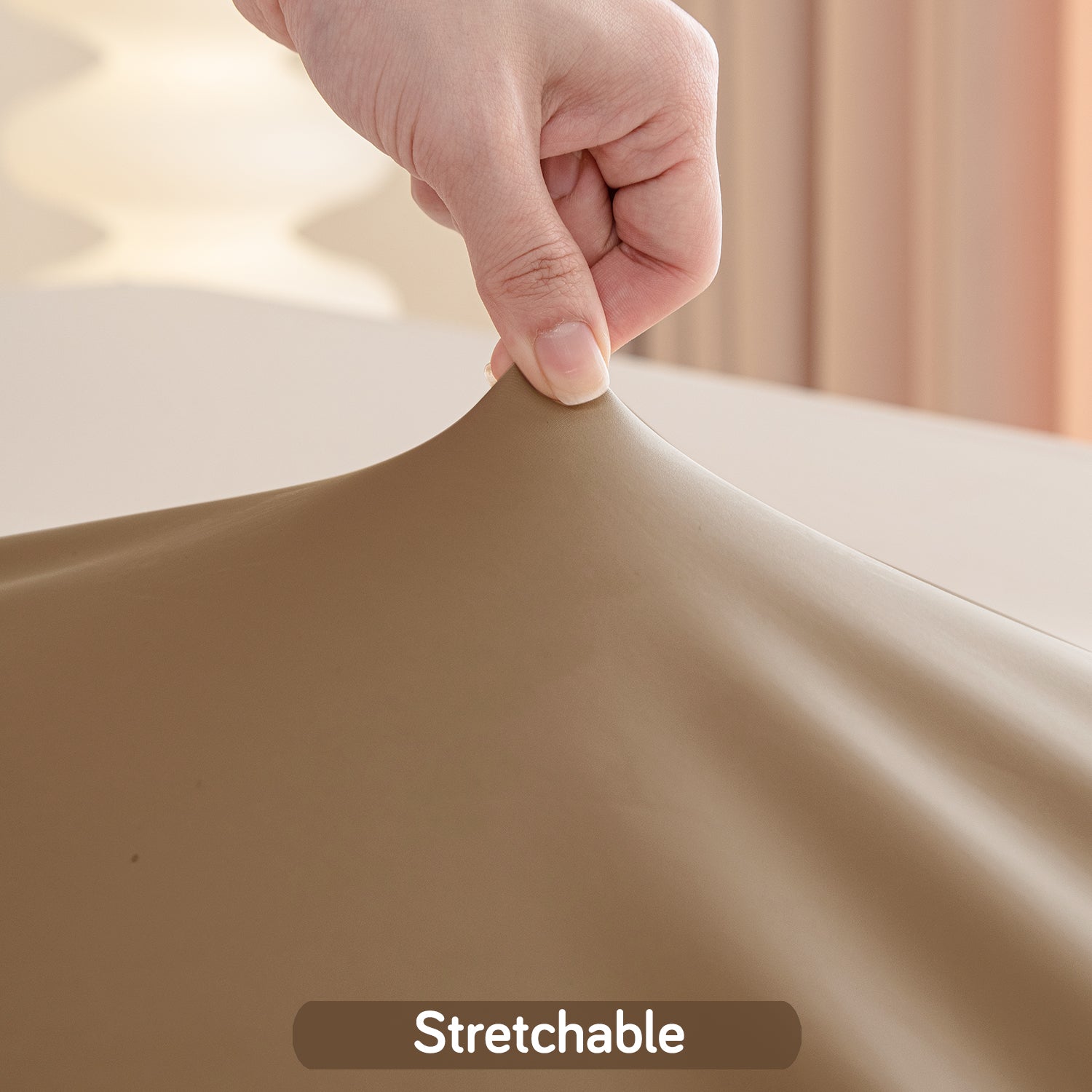 HOKIPO 100% Waterproof Non-Slip Stretch Table Cover, Light Brown