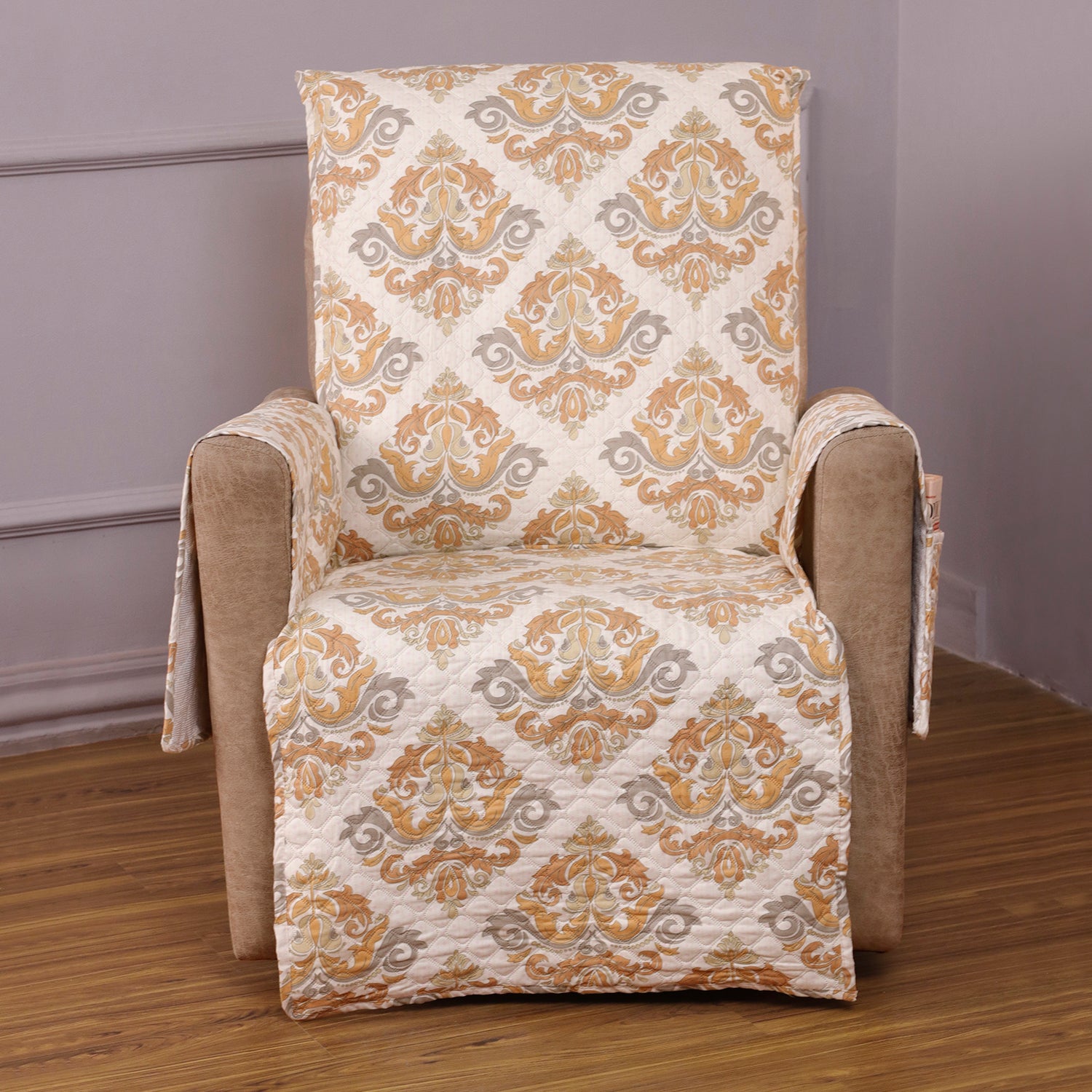 Quilted Printed Recliner Mats for 1 Seater Recliner Sofa, Damask Beige