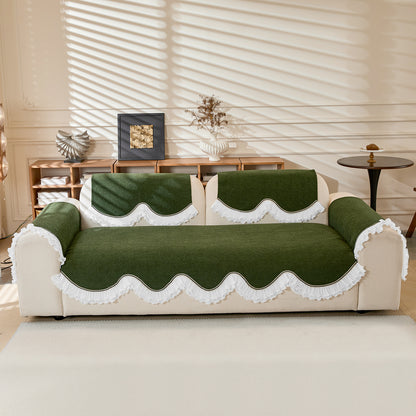 French Classic Frill Wavy Sofa Cover Mat with Curve & Lace - Dark Olive Green