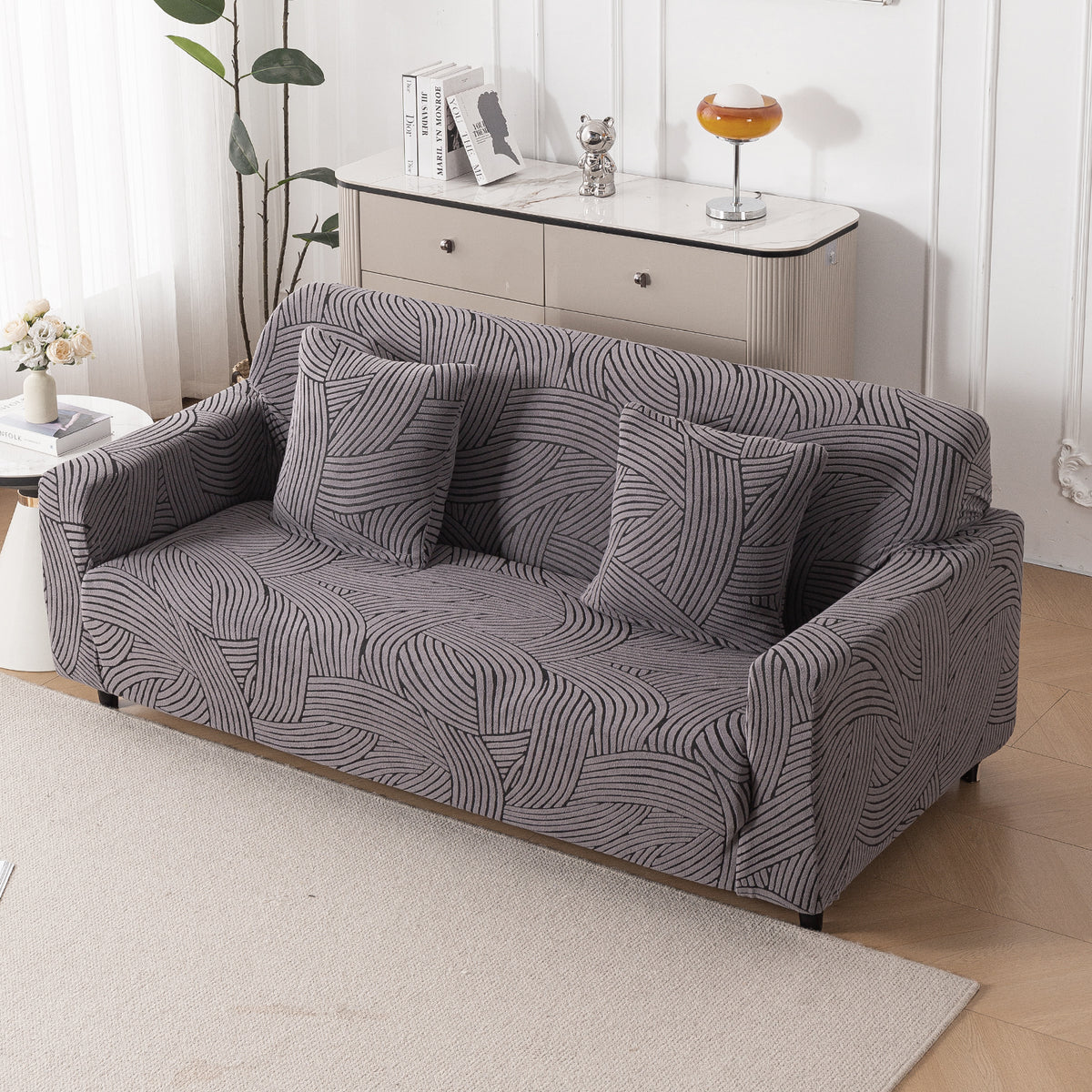 Buy charcoal grey colour waveline series jacquard 4 seater sofa cover​ ( cushion cover)