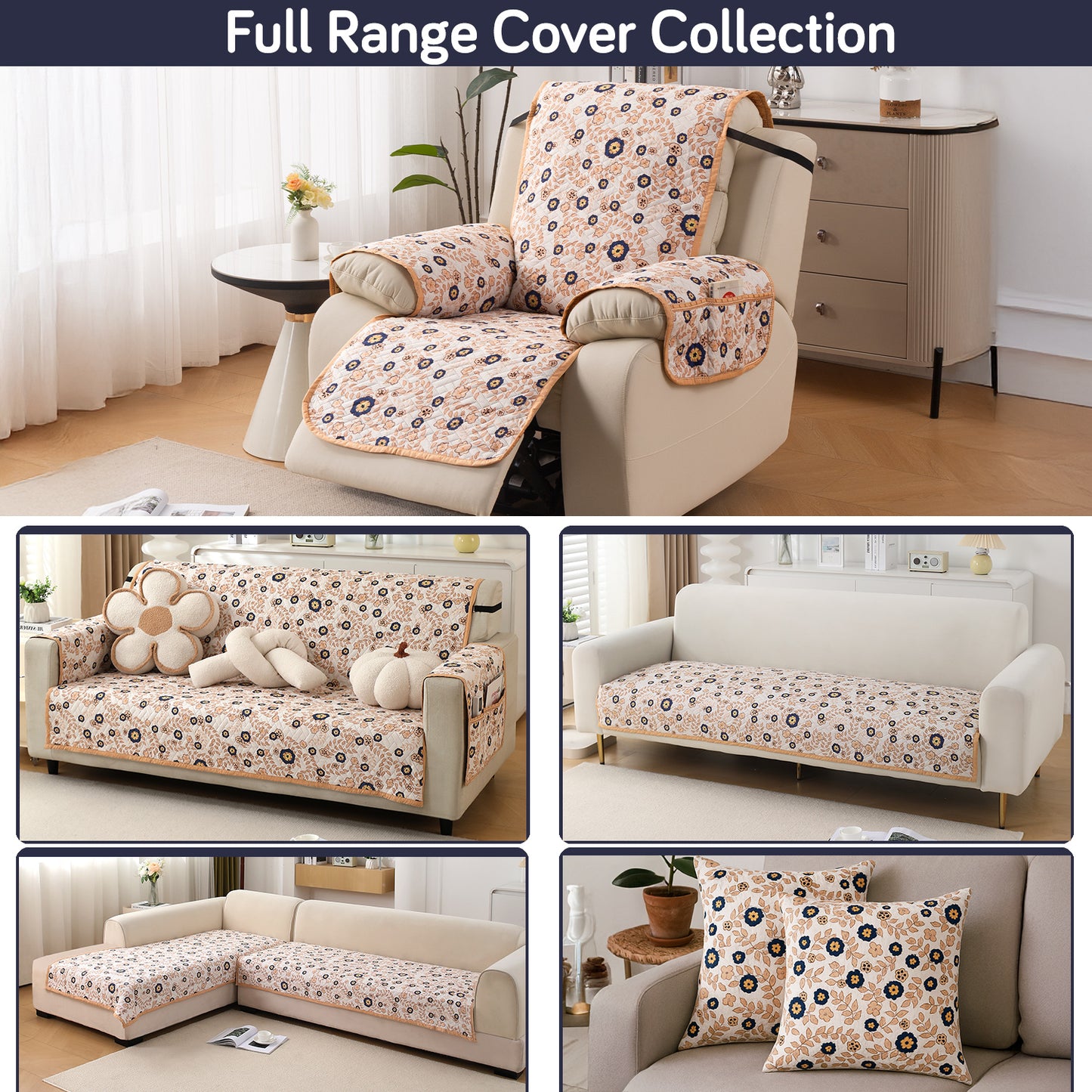 Quilted Cover for Recliner Sofa with SecureFit Belt & Side Pocket, Light Peach Candytuft