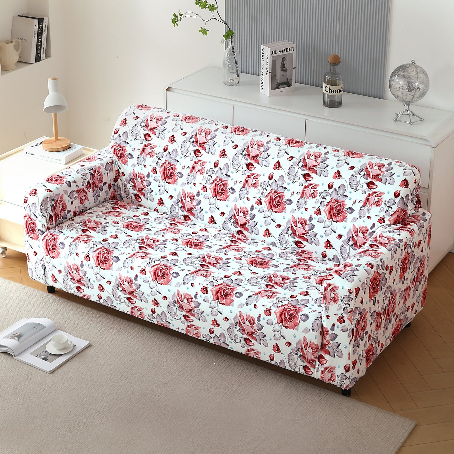 Premium Printed Velvet Sofa Cover 1/2/3 Seaters Fully Covered, Red Cottage Rose