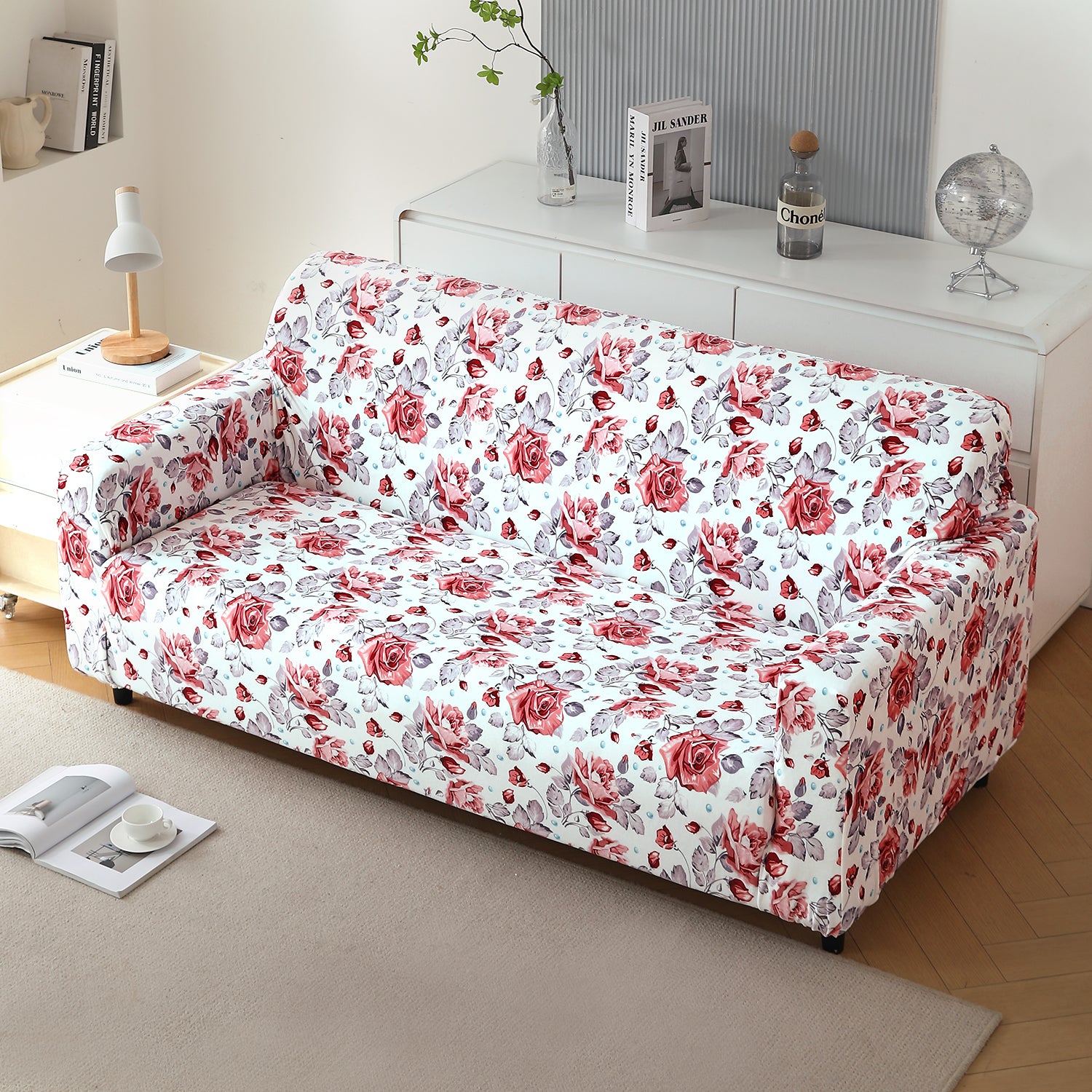 3 seater Red Cottage Rose print elastic velvet sofa cover​s