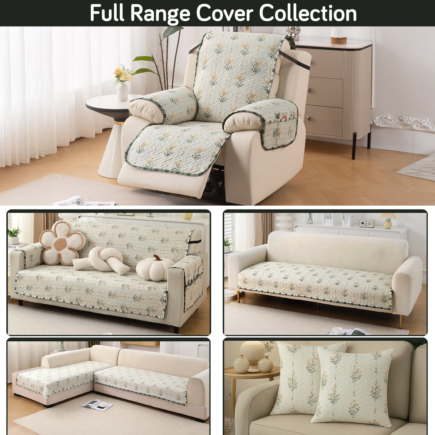 Quilted Cover for Recliner Sofa with SecureFit Belt & Side Pocket, Light Green Ash Gypsy Flower
