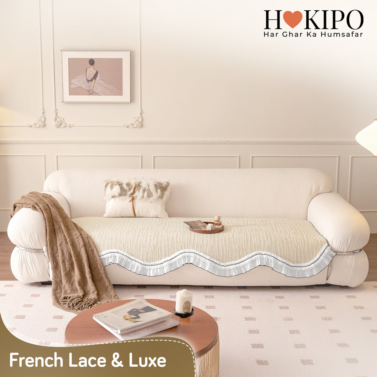 French Lace & Luxe with White Ruffle Edge Sofa Cover Mat, Moonstone Beige