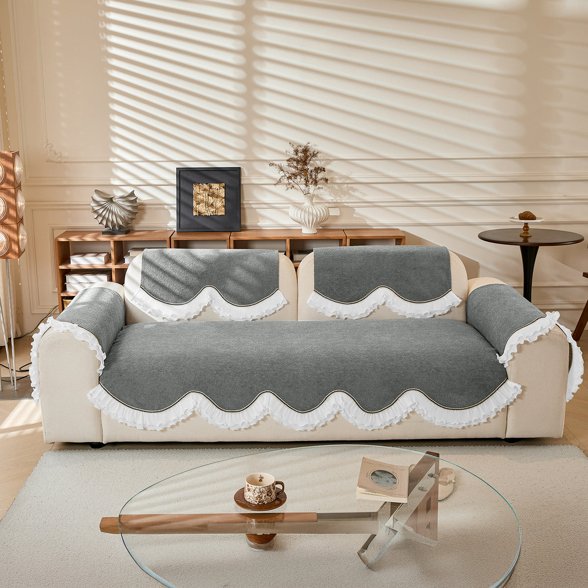 French Classic Frill Wavy Sofa Cover Mat with Curve & Lace - Moonstone Grey