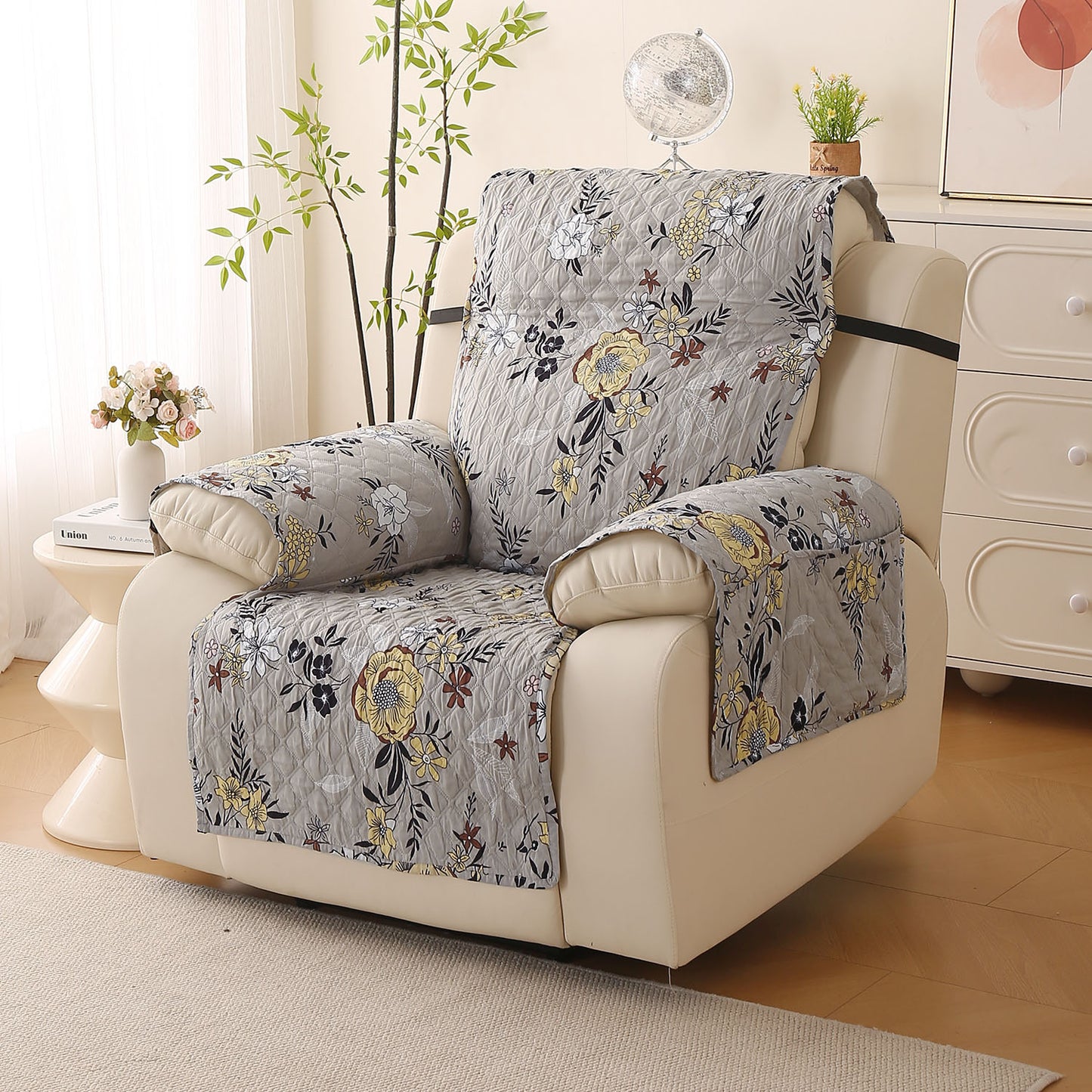 Quilted Printed Recliner Mats for 1 Seater Recliner Sofa, Floral Ash Grey