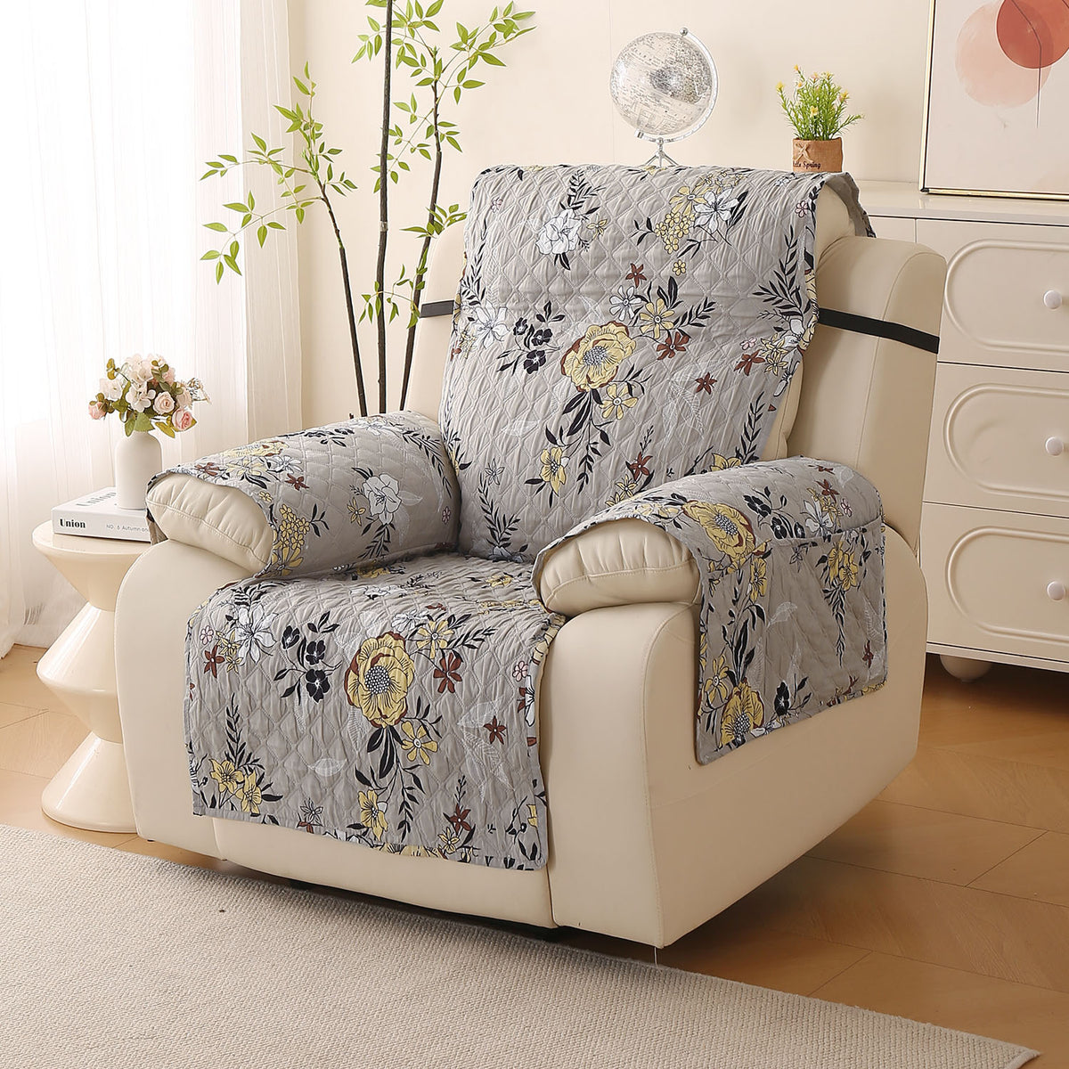 Quilted Printed Recliner Mats for 1 Seater Recliner Sofa, Floral Ash Grey