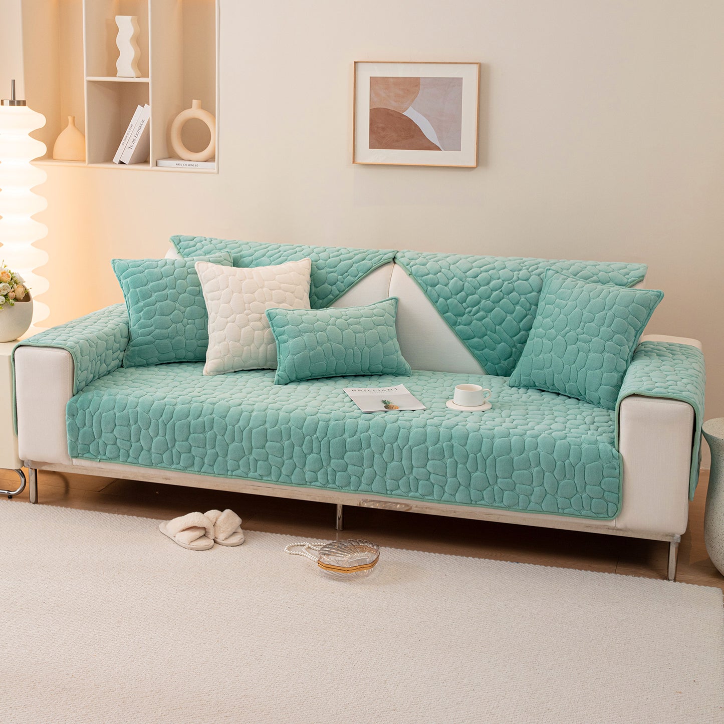 Premium Pebble Milk Velvet Anti Slip Sofa Mat for 1/2/3 Seater, Fog Blue