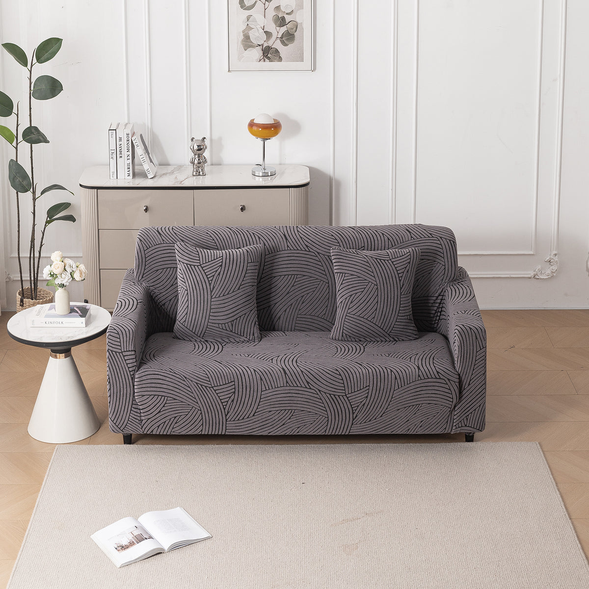Buy charcoal grey colour waveline series jacquard 2 seater sofa cover​s (with cushion cover)