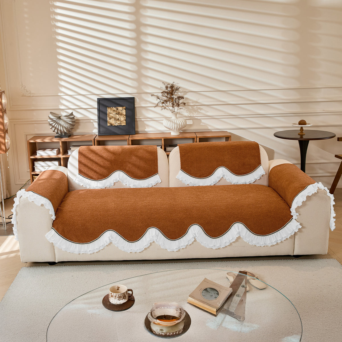 French Classic Frill Wavy Sofa Cover Mat with Curve & Lace - Copper Orange