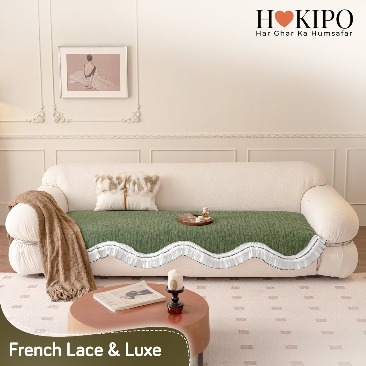 French Lace & Luxe with White Ruffle Edge Sofa Cover Mat, Willow Ash Green