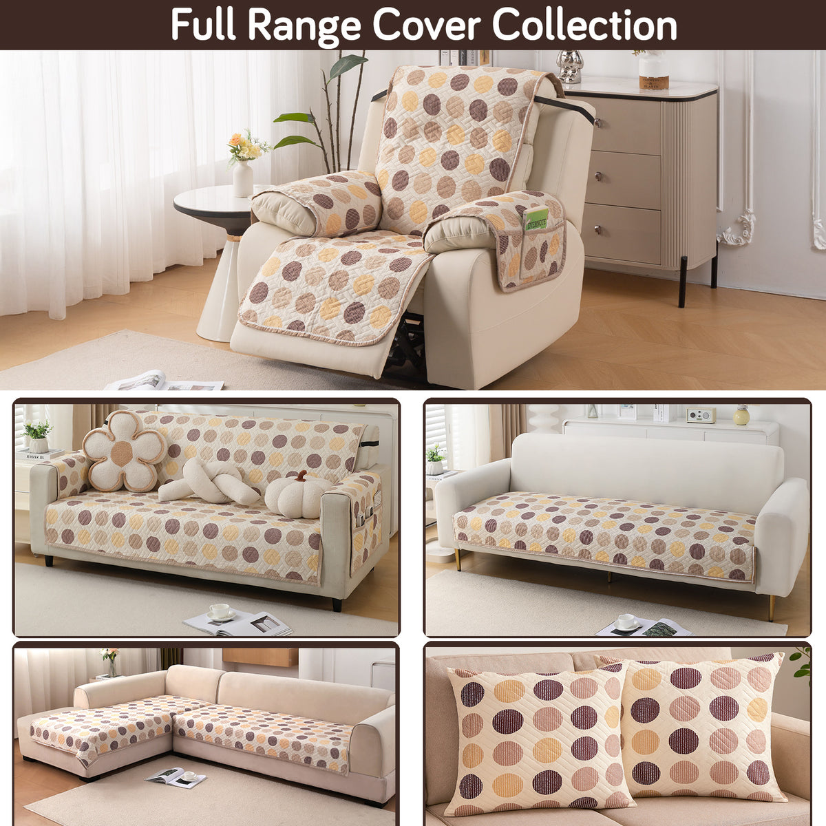 Quilted Cover for Recliner Sofa with SecureFit Belt & Side Pocket, Brown Polka Dot