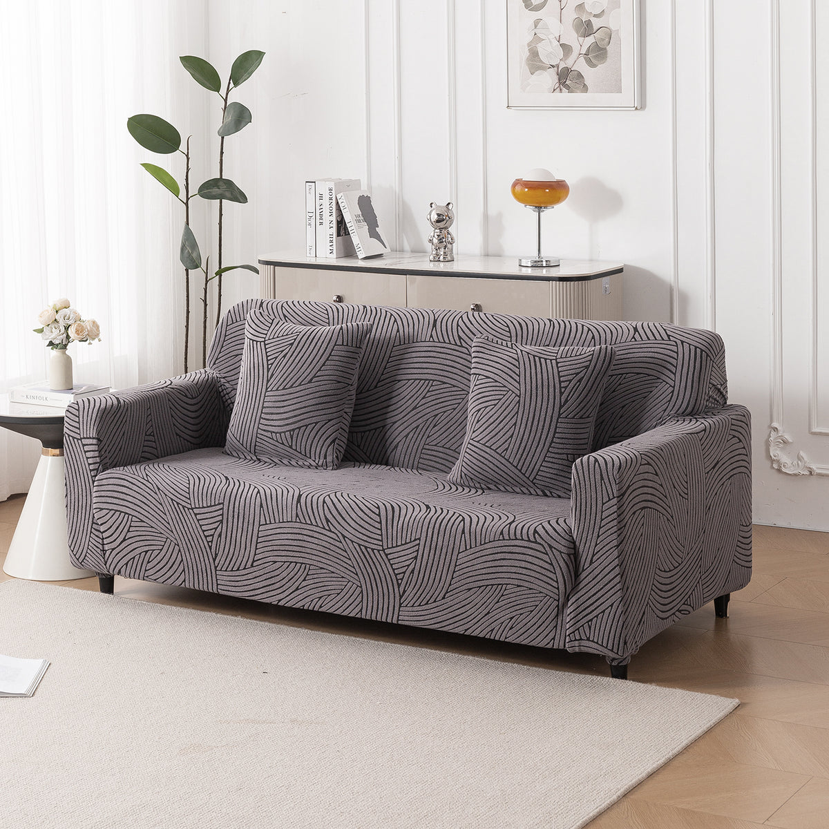 Buy charcoal grey colour waveline series jacquard elastic 3 seater sofa cover​s