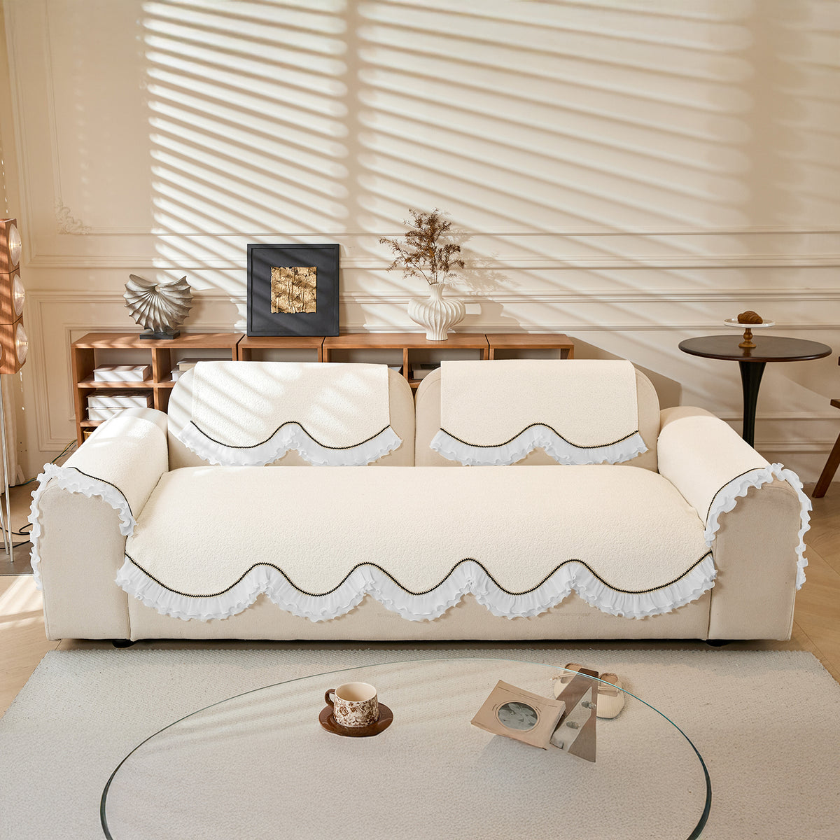 French Classic Frill Wavy Sofa Cover Mat, Snow White Ivory