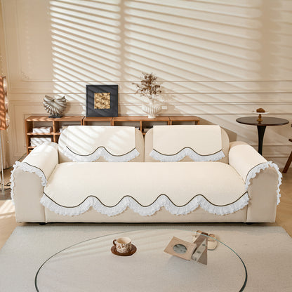 French Classic Frill Wavy Sofa Cover Mat, Snow White Ivory