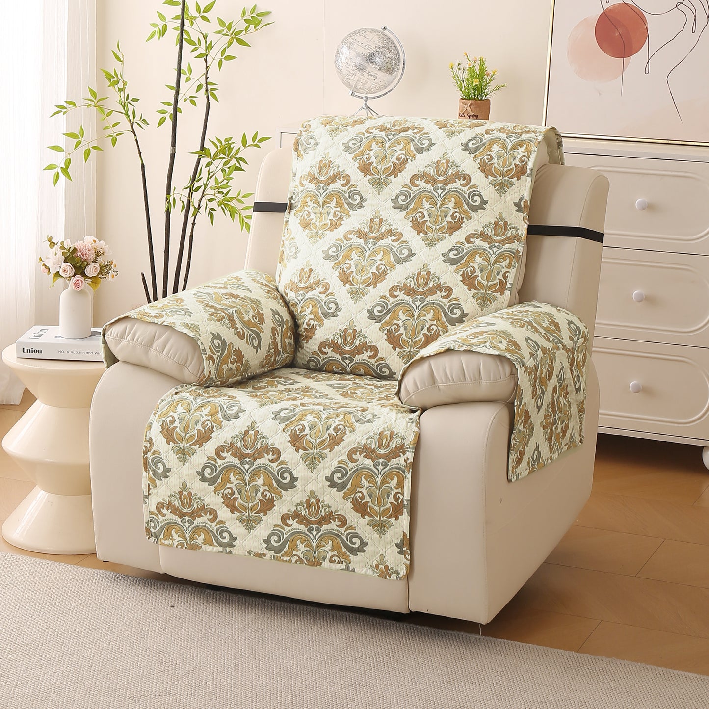 Quilted Printed Recliner Mats for 1 Seater Recliner Sofa, Damask Beige