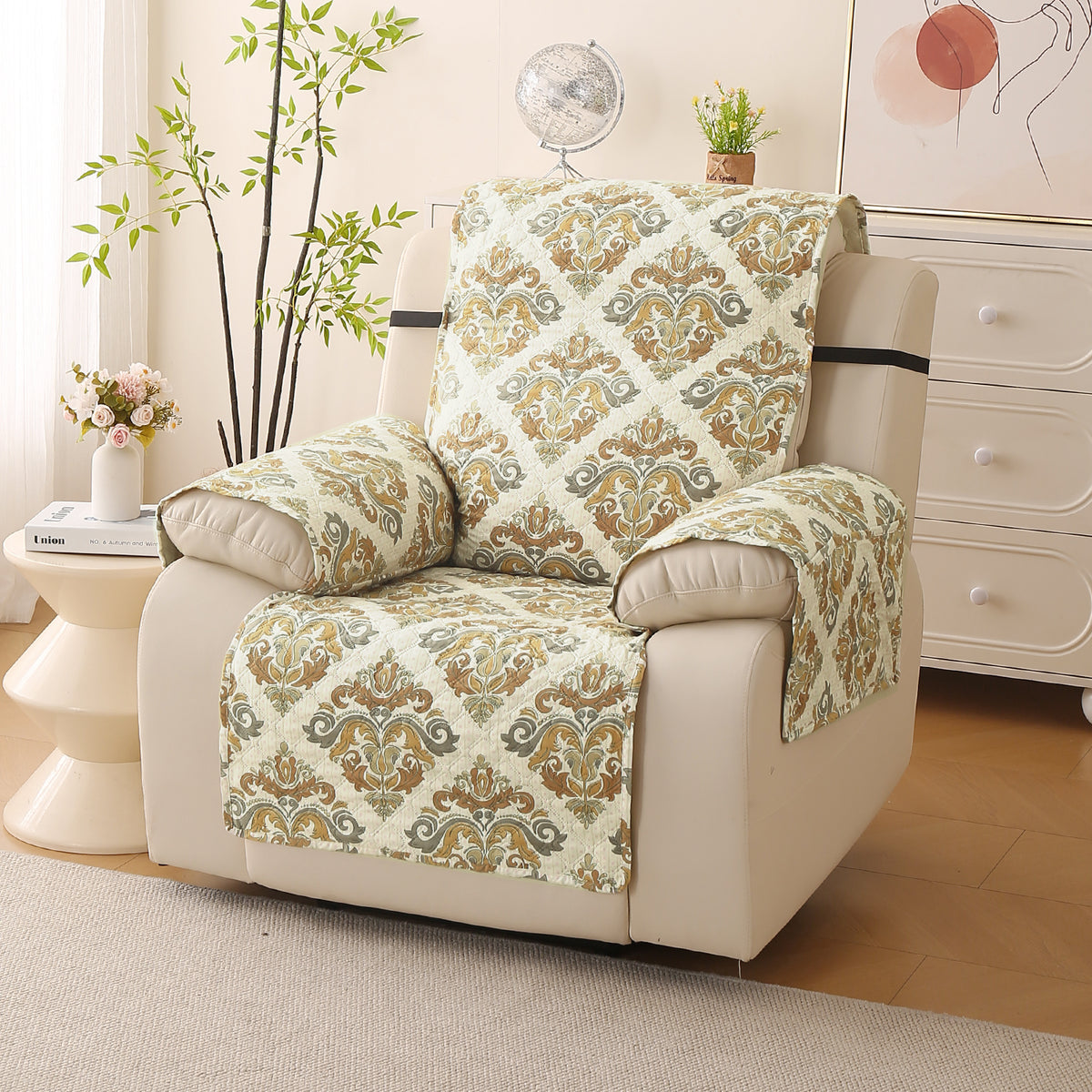 Quilted Printed Recliner Mats for 1 Seater Recliner Sofa, Damask Beige