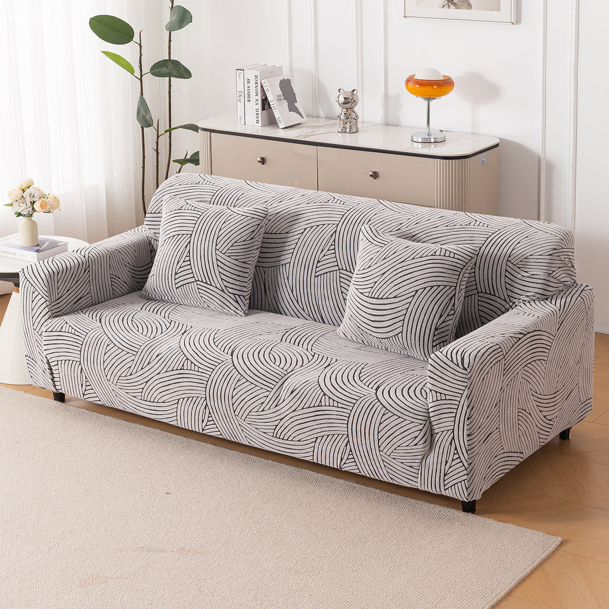 Buy stretch classic white colour waveline series jacquard 4 seater sofa cover​