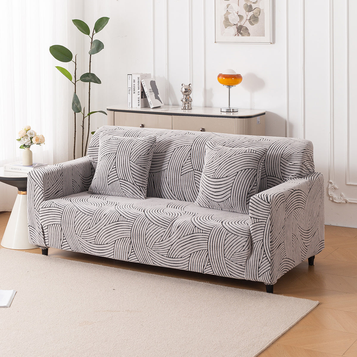 Buy classic white colour waveline series jacquard three seater sofa cover​