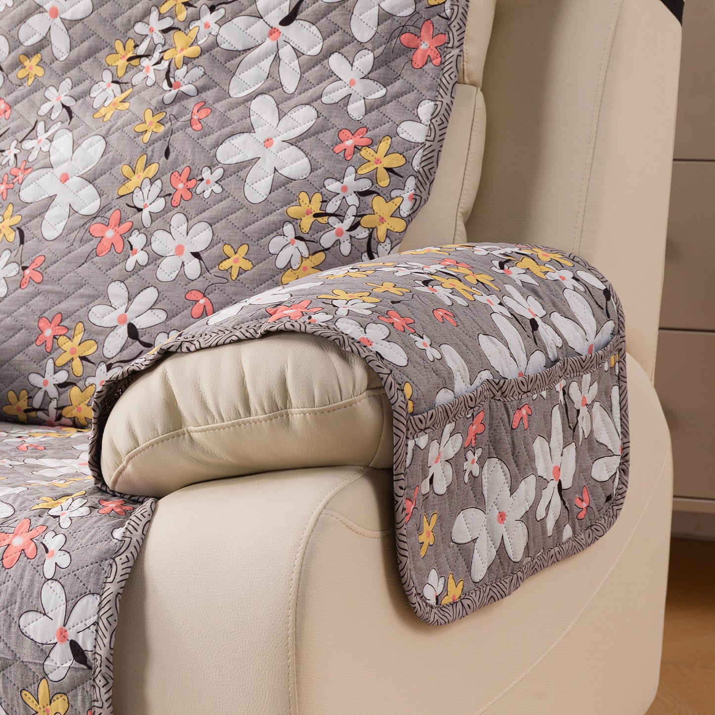 Quilted Cover for Recliner Sofa with SecureFit Belt & Side Pocket, Pastel Brown Sandwort Flower