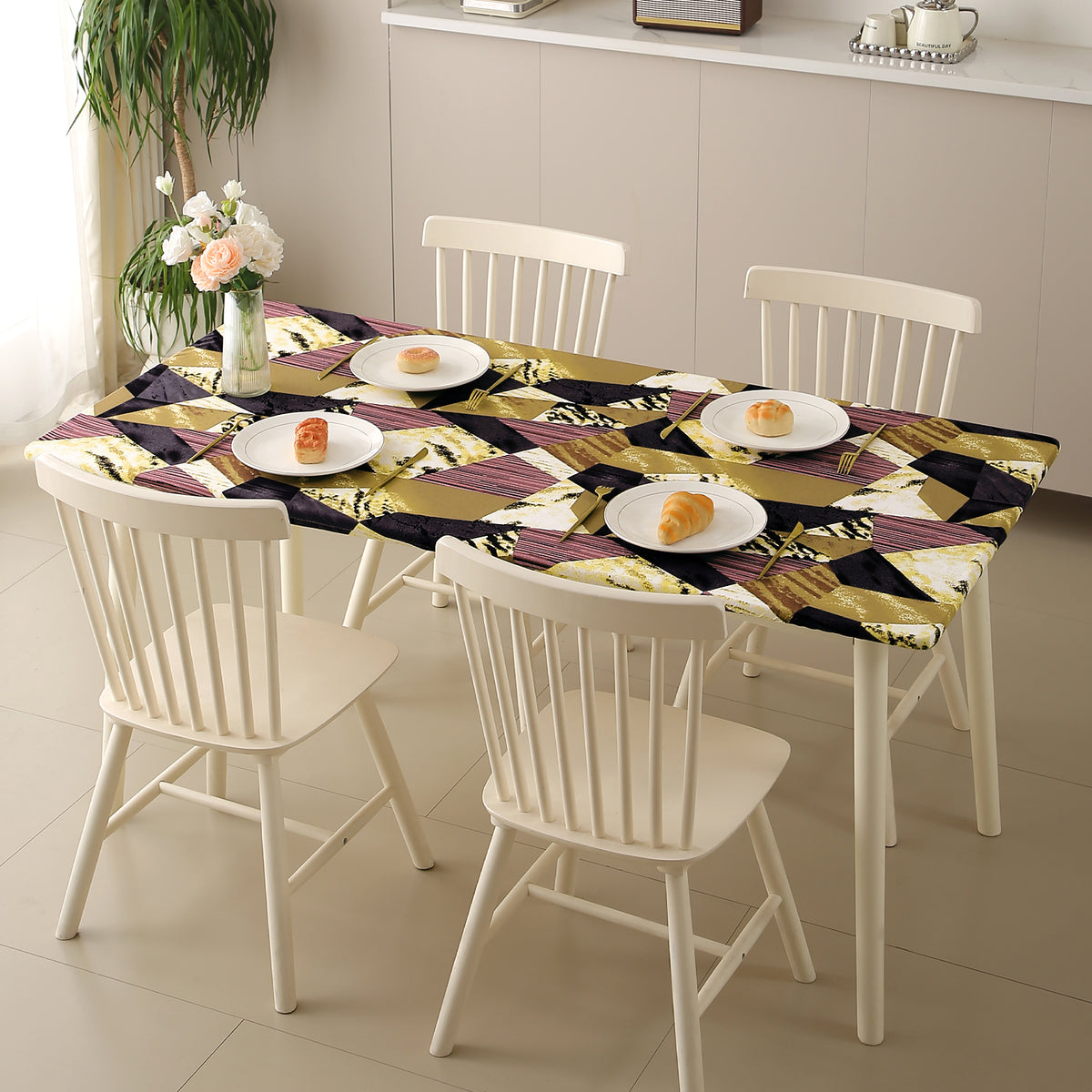 Buy Wine Abstract Geometry Print Water-Repellent Dining Table Cover - HOKIPO | Har Ghar Ka Humsafar