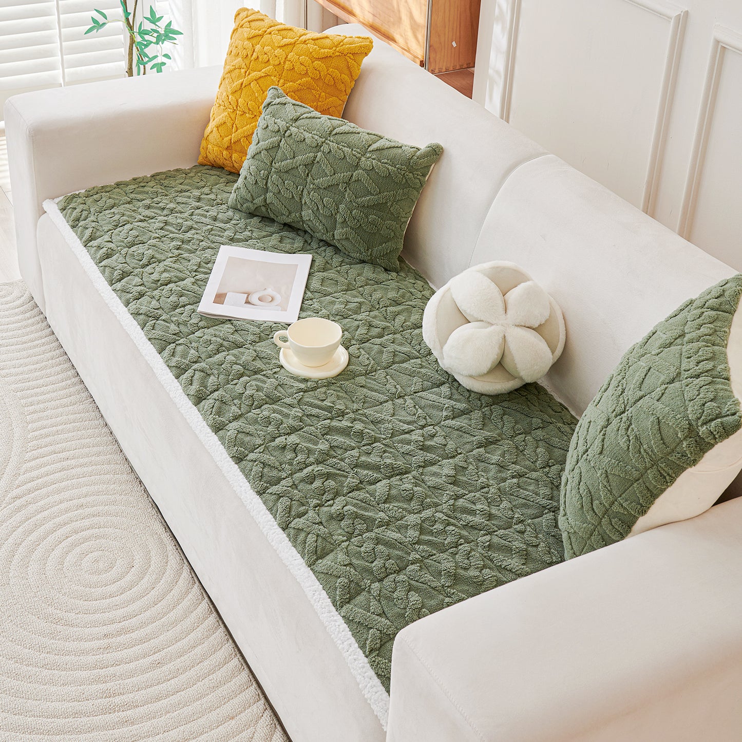 'Italian Caelora' Luxury Jacquard Plush Sofa Cover Mat and Anti-Slip Armrest Covers - Sage Green