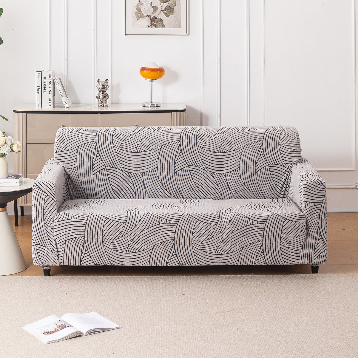 Buy ash grey colour waveline series jacquard three seater sofa cover​