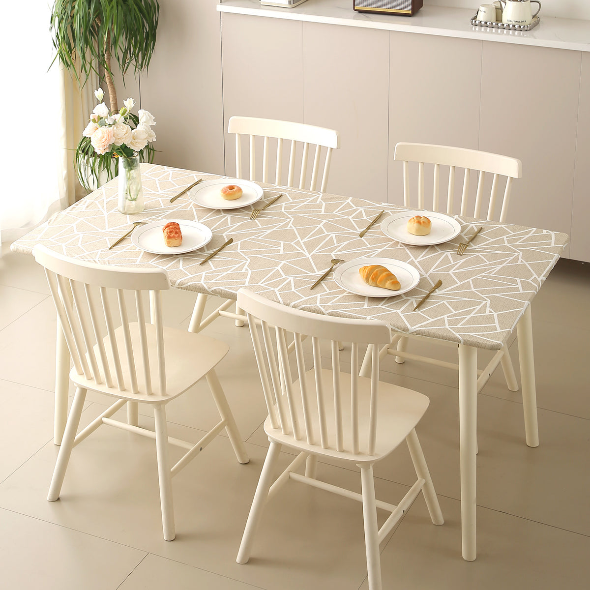 Buy Beige Abstract Geometry Printed Water-Repellent Anti-Slip Elastic Stretch Dining Table Cover- HOKIPO