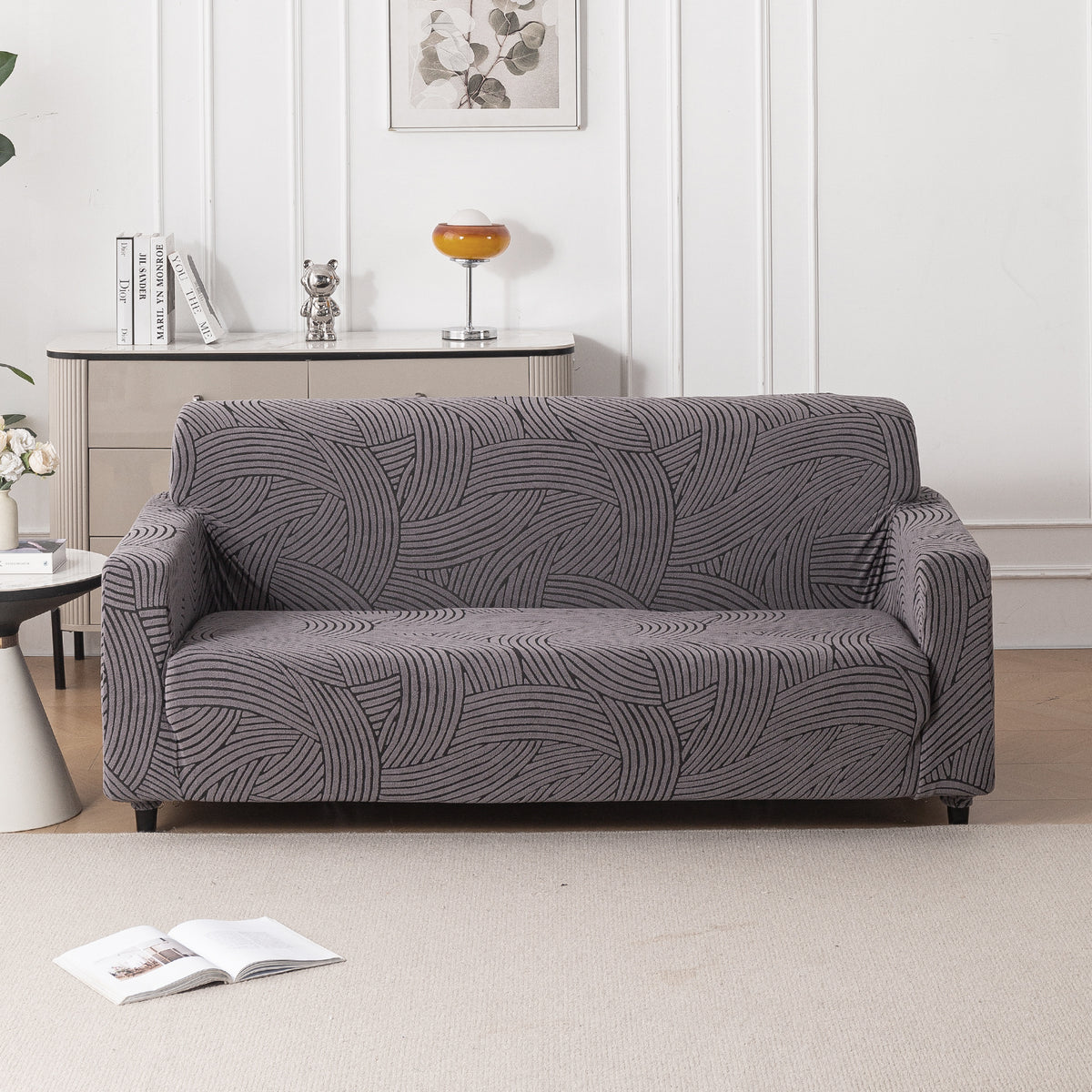 Buy charcoal grey colour waveline series jacquard two seater sofa cover​
